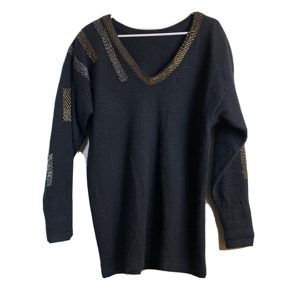 VTG 80’s Sweater Wool Angora Beaded Boatneck Black Silver Womens M Claude Vernet
